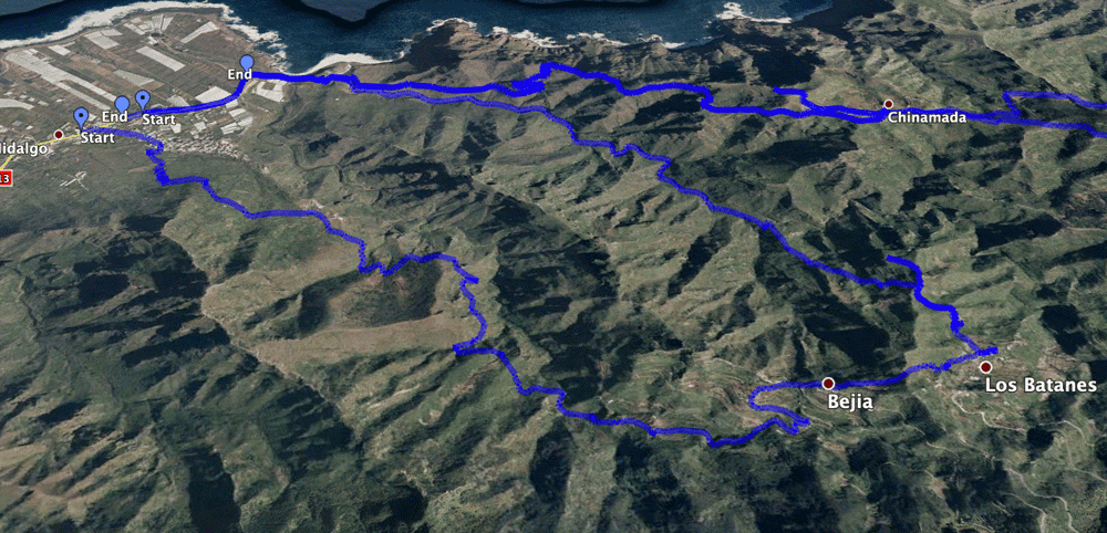 Track der Rundwanderung mit angrenzendem Track Punta de Hidalgo nach Chinamada und weiter zum Cruz del Carmen
