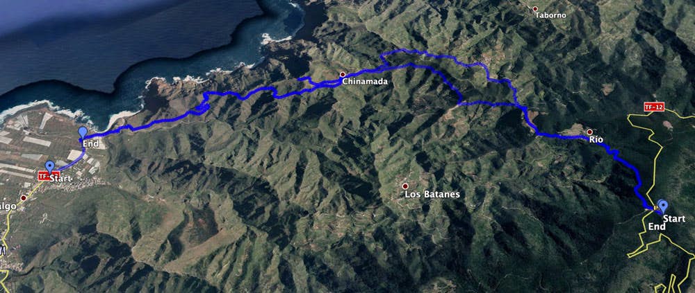 Track der Wanderung von Punta del Hidalgo nach Chinamada und von Cruz del Carmen nach Chinamada und über Las Carboneras zurück