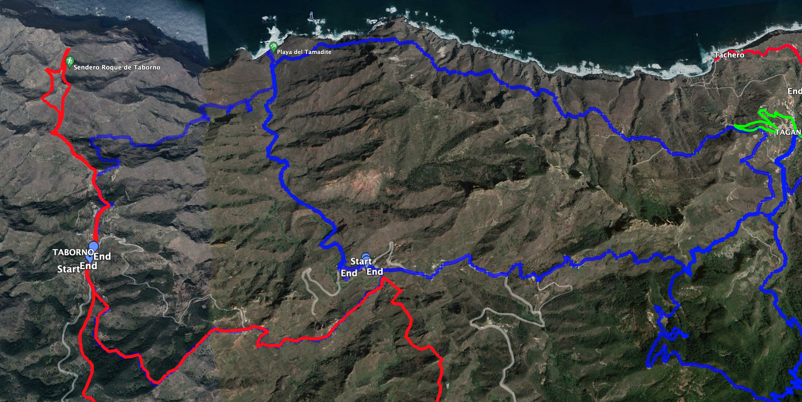 Ein Teil der Wanderung verläuft parallel zu der Wanderung Taborno – Afur – Playa Tamadite. Auch die Rundtour Afur – Playa Tamadite – Taganana grenzt an diese Wanderung (blaue Tracks).