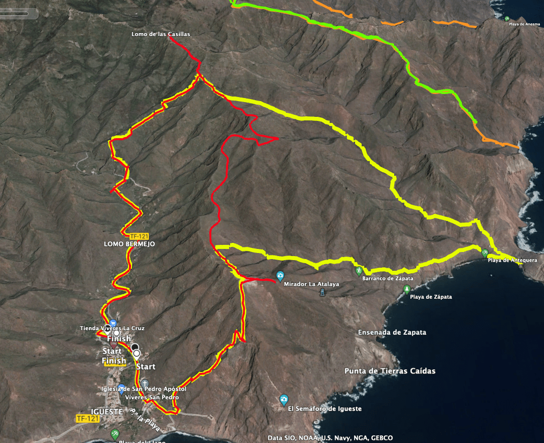 Tracks der Wanderung Playa Antequera (gelb) und Gratwanderung Igueste (rot)
