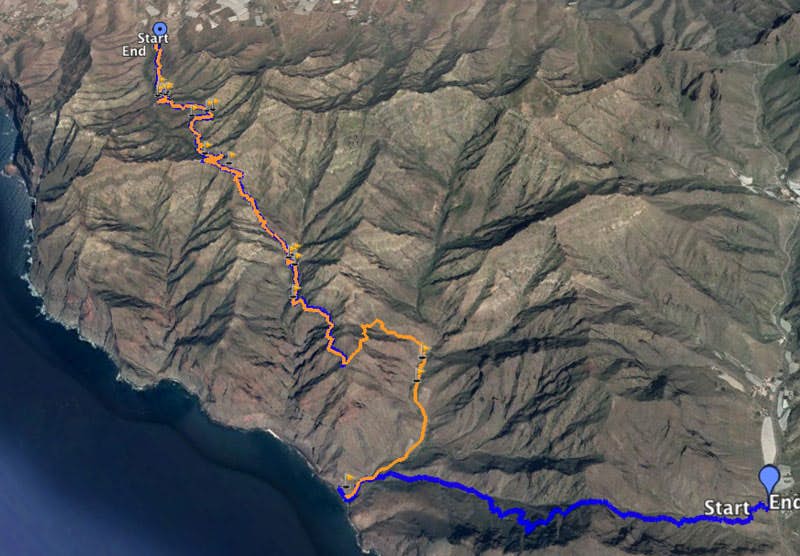 Blau: Wanderweg von Tasártico zum Playa Güi Güi Orange: Wanderweg von Cuermeja bei Aldea de San Nicolás bis zum Strand von Güi Güi