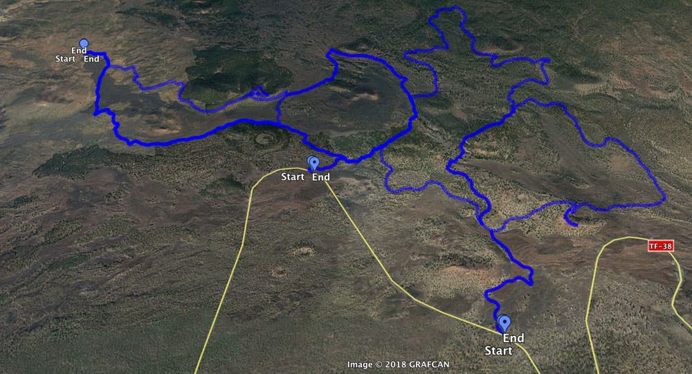 Track der Teneriffa Rundwanderungen von links nach rechts: 1. Chinyero 2. Montaña la Coredera 3. Montaña de las Cuevitas