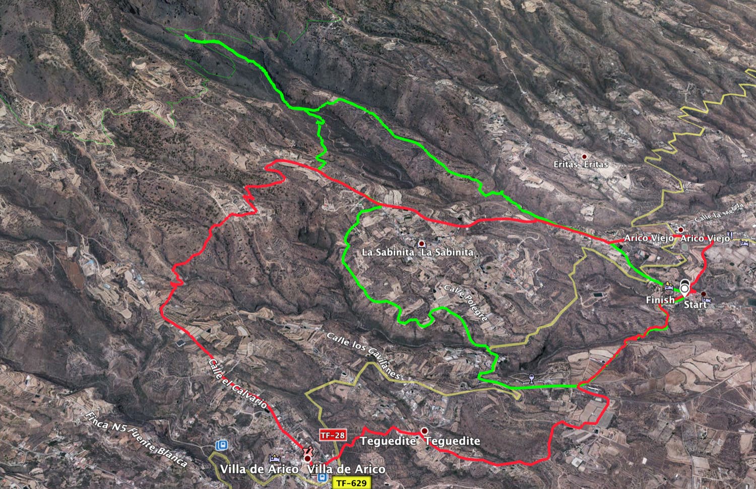 Tracks Arico Viejo (rot) und Arico Nuevo - Barranco Tamadaya (grün)