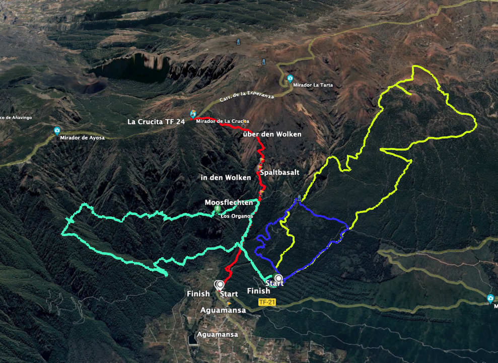 Track Montaña Limón (gelb), kleine Runde (blau), Órganos Höhenweg (grün), Mirador de la Crucita (rot)