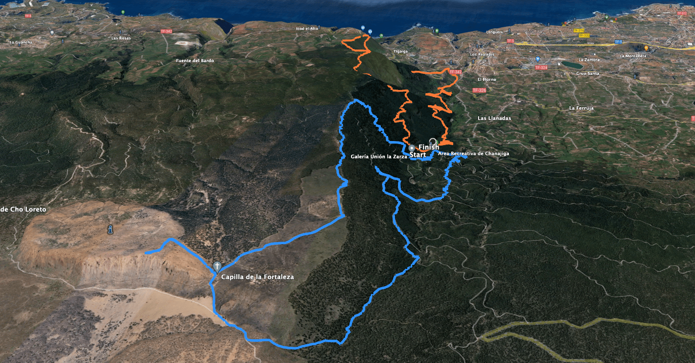 Tracks der Wanderung Mirador de La Corona nach Chanajiga (orange) und Chanajiga zur Fortaleza in den Cañadas (blau)
