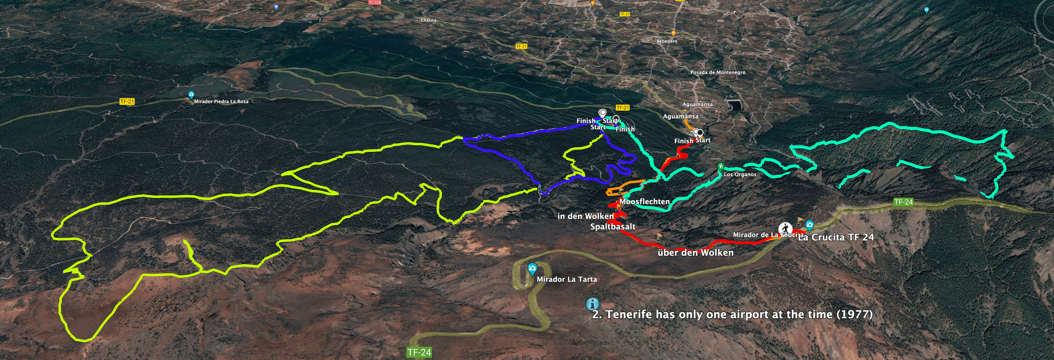 Tracks von Wanderungen im Orotava Tal - rot: La Crucita grün: Organos Höhenweg gelb: Montaña Limon blau: kleine Rundwanderung Caldera