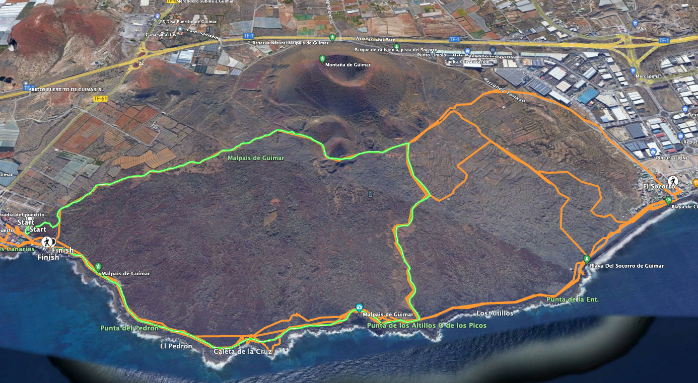 Track der kleinen Wanderung Malpaís (grün) und mögliche Erweiterungen in orange