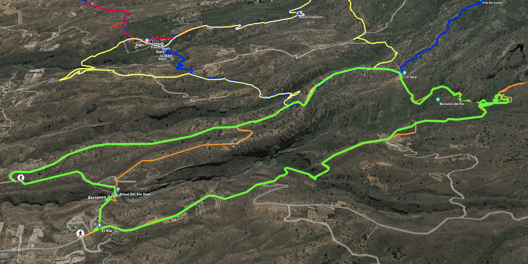 Track der Wanderung Presa del Río (grün), orange der Weg zurück, wenn du rechts vom Staudamm parkst, Wanderrunde Las Vegas (gelb und blau)