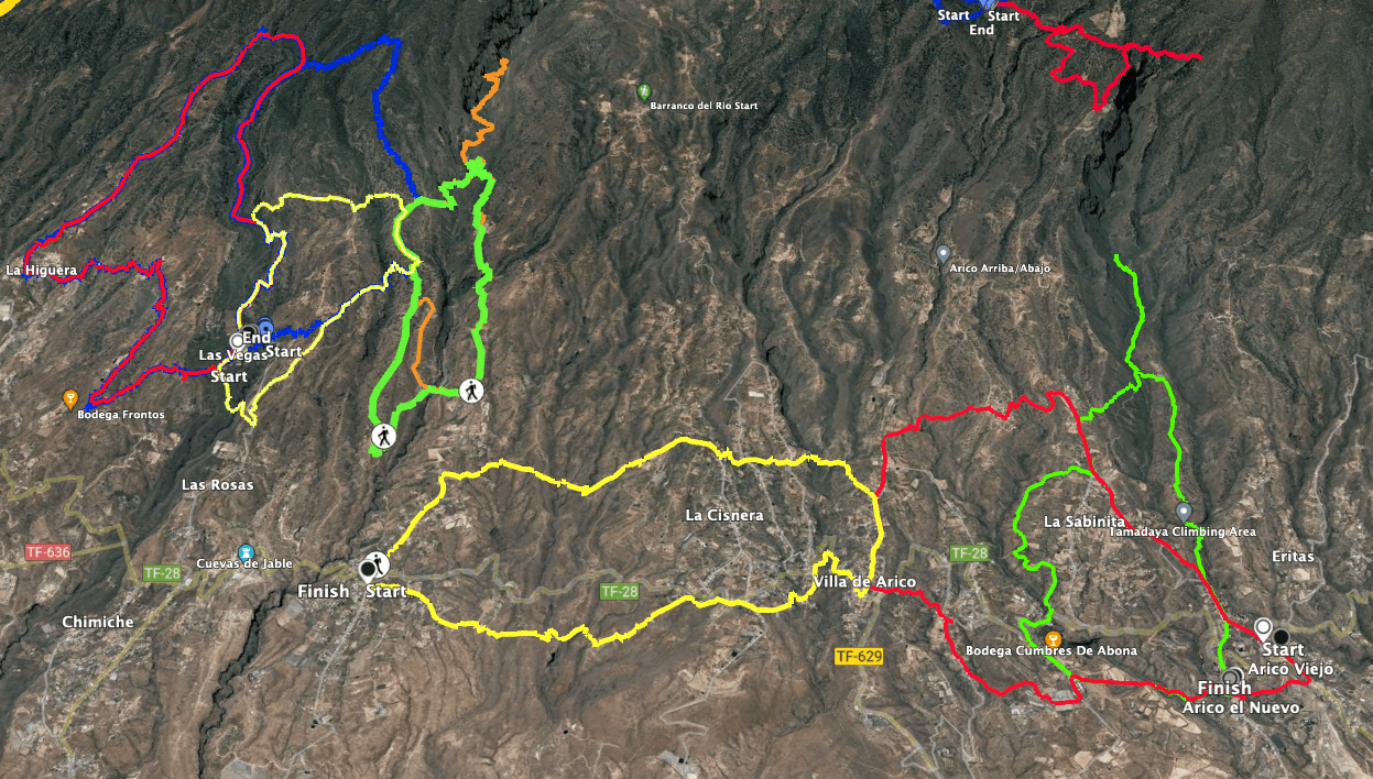 Track Camino real del Sur El Río - Villa de Arico (gelb)und benachbarte Tracks (rechts davon Wanderungen um Arico, links oben Track Las Vegas, La Highuera, Staudamm El Río)