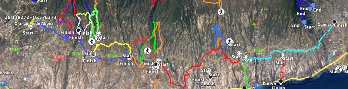 Camino Real del Sur von Granadilla de Abona bis Güimar mit verschiedenen Tracks von Rundwanderungen am Weg
Abschnitte: 1. dunkelblau 2. rot 3. hellblau