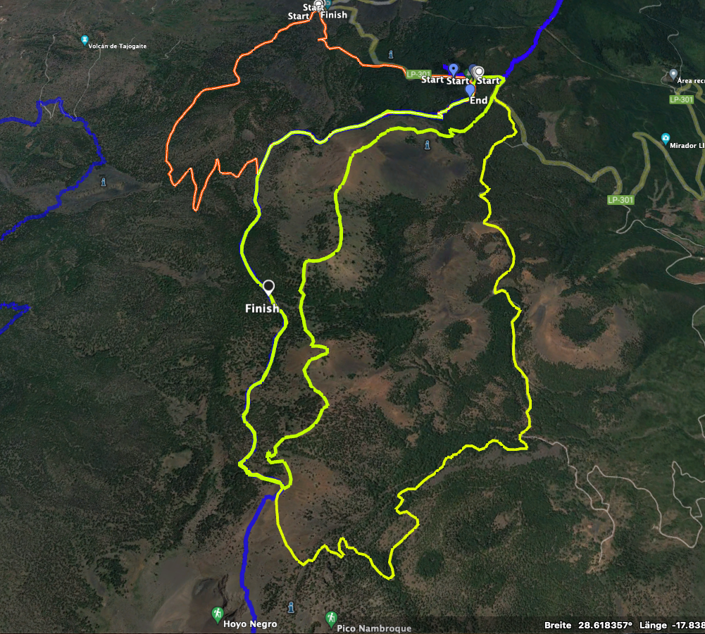 Track der Wanderung Tajogaite (rot und teilweise gelb) sowie benachbarte Tracks