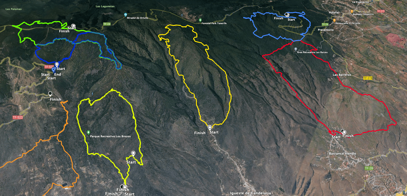 Track der Wanderung Igueste de Candelaria (Mitte gelb) und links davon Track Igonse (gelb) rechts in rot Rundtour Barranco Hondo und oben links Rundwanderung hoch über Candelaria (blau, grün)