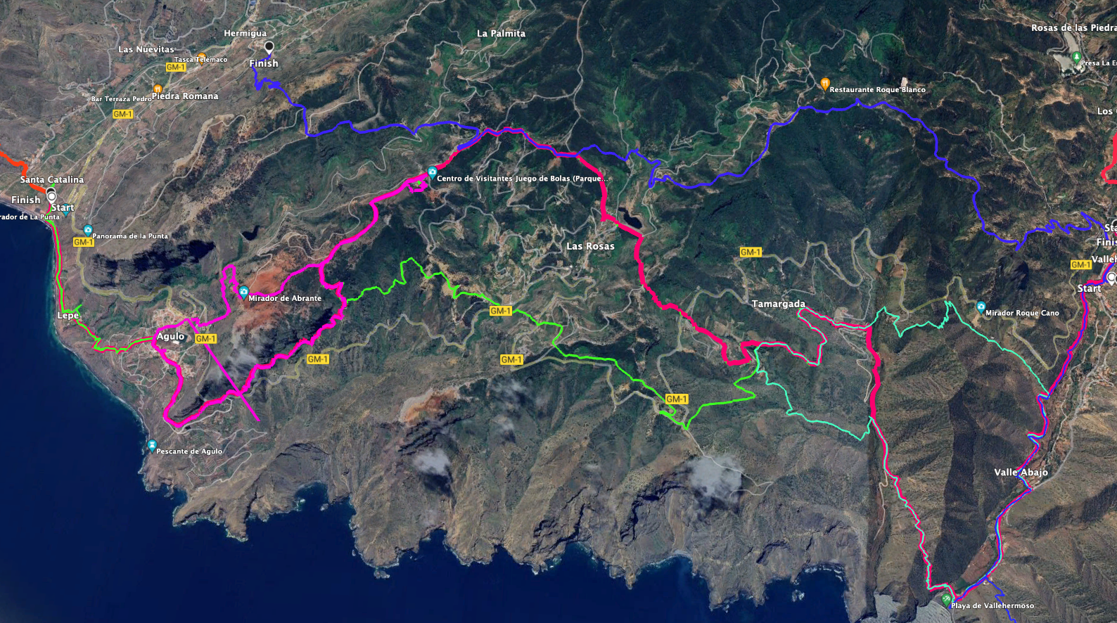 Track der Wanderung GR 132, 2. Etappe La Gomera - Hermigua - Vallehermoso (rot) und benachbarte Wandertracks