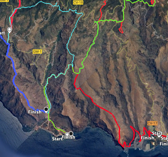 Track rot GR-132, 
Track grün: Inselquerung GR-131
Track hellblau: große Valle Gran Rey Runde

Alle übereinander von Valle Gran Rey bis nach Degollada de Cerrillal